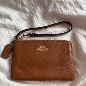 Coach Tan Leather Wristlet with Gold Accents